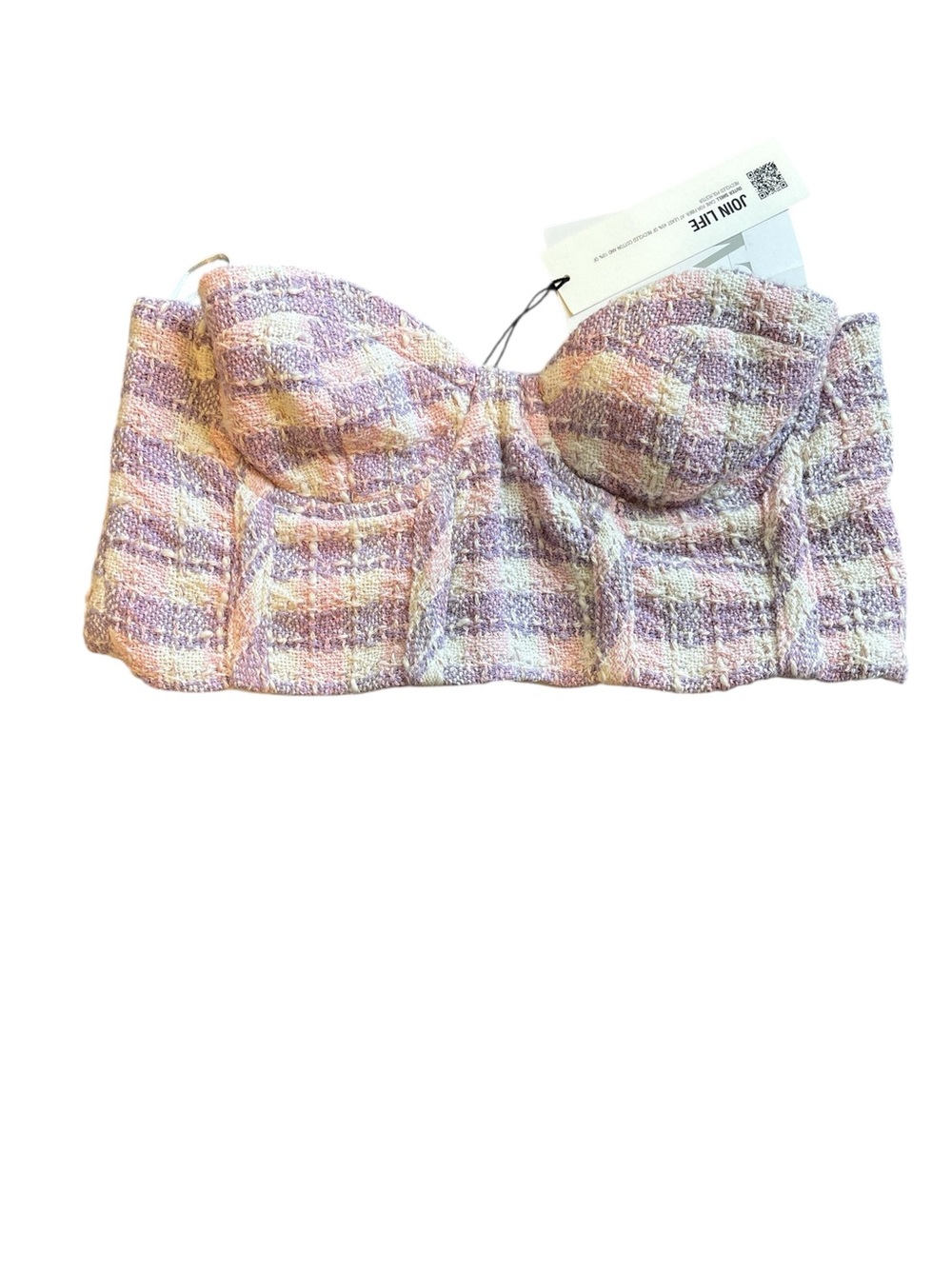 NWT Zara‎ Corset Half Textured Pink Purple Size S Top Crop Bustier Tweed Plaid
